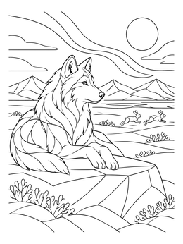 An arctic wolf coloring page showing a wolf resting on a rock while hares run in the tundra.