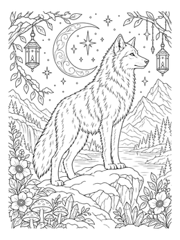 An arctic wolf coloring page showing a noble wolf under a crescent moon and mountain landscape.