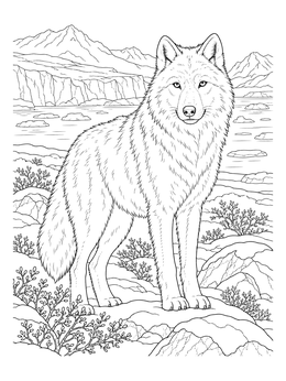 An arctic wolf coloring page showing a detailed wolf standing in a snowy mountain tundra landscape.