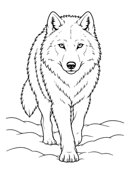An arctic wolf coloring page showing a furry wolf walking toward the viewer through snow drifts.
