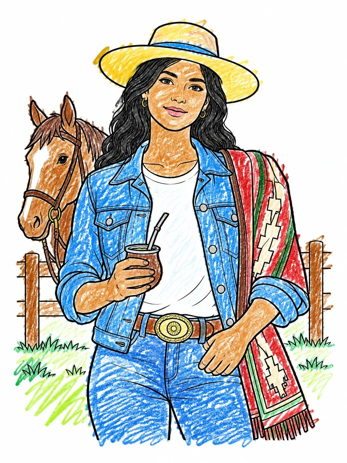 Colored example of the Argentine Gaucha With Horse And Mate coloring page