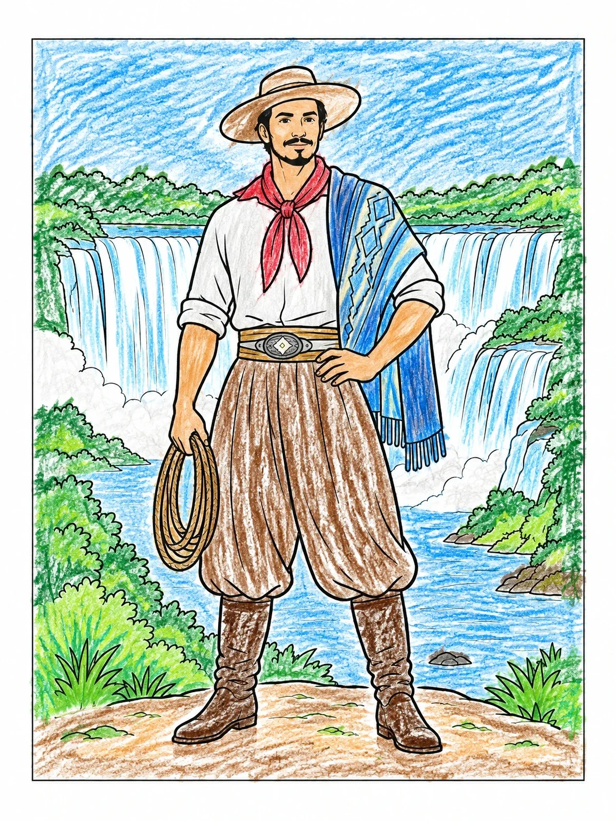 Colored example of the Argentine Gaucho At Iguazu Falls coloring page