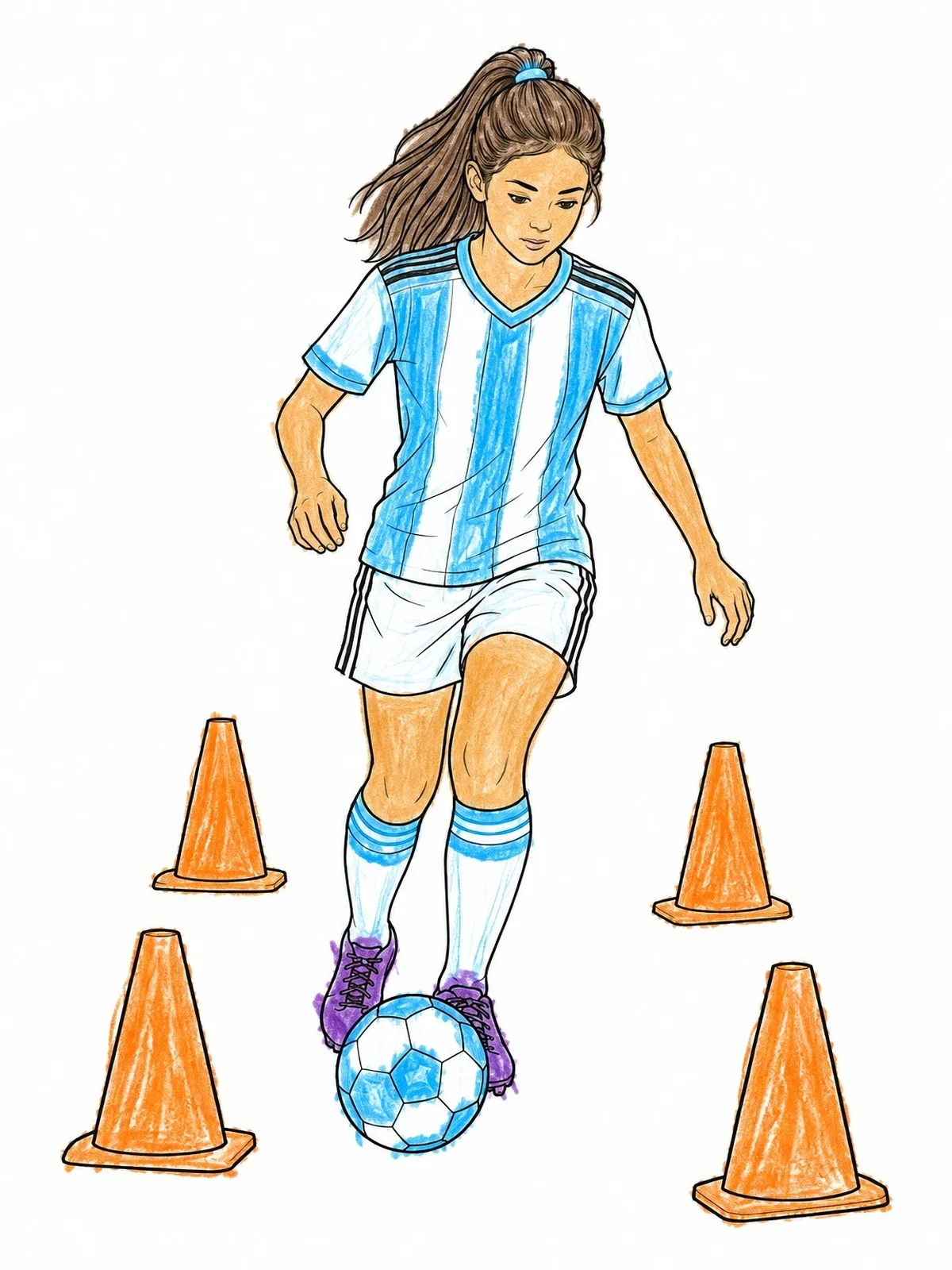 Colored example of the Argentine Girl Soccer Practice coloring page