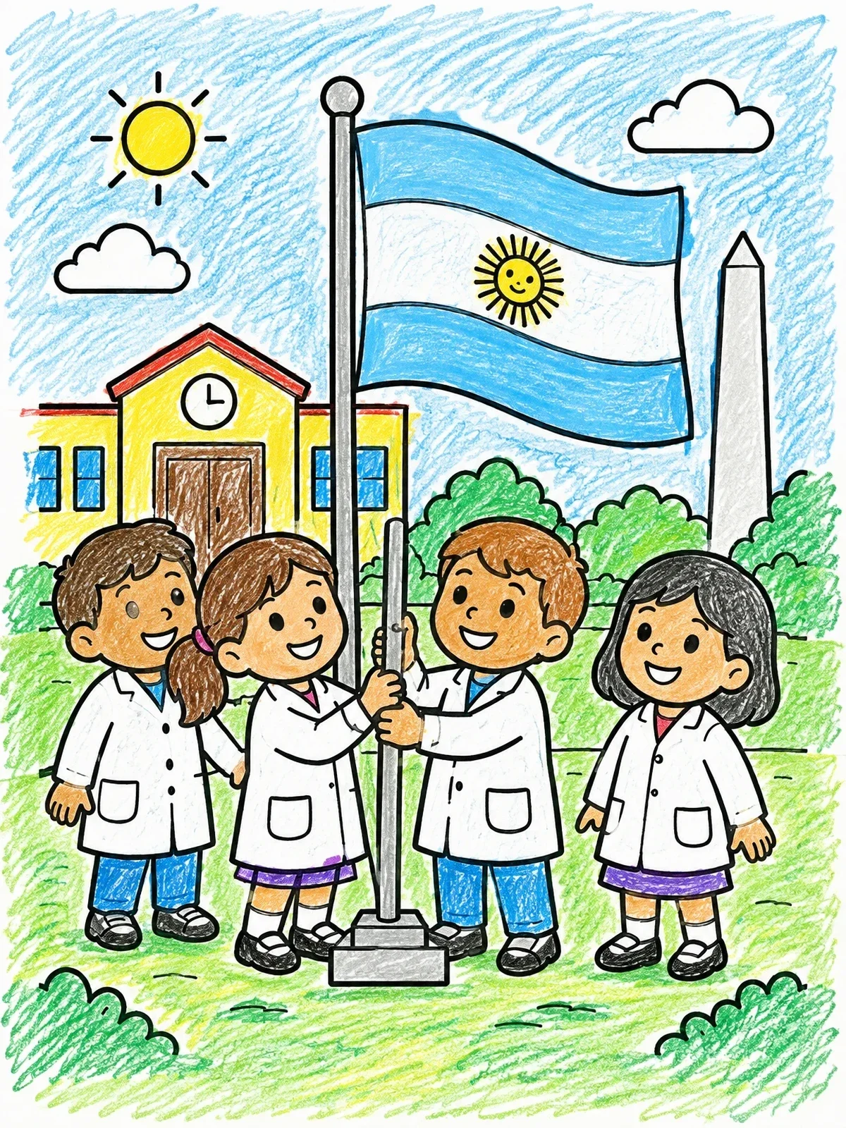 Colored example of the Argentine Students Raising The National Flag coloring page