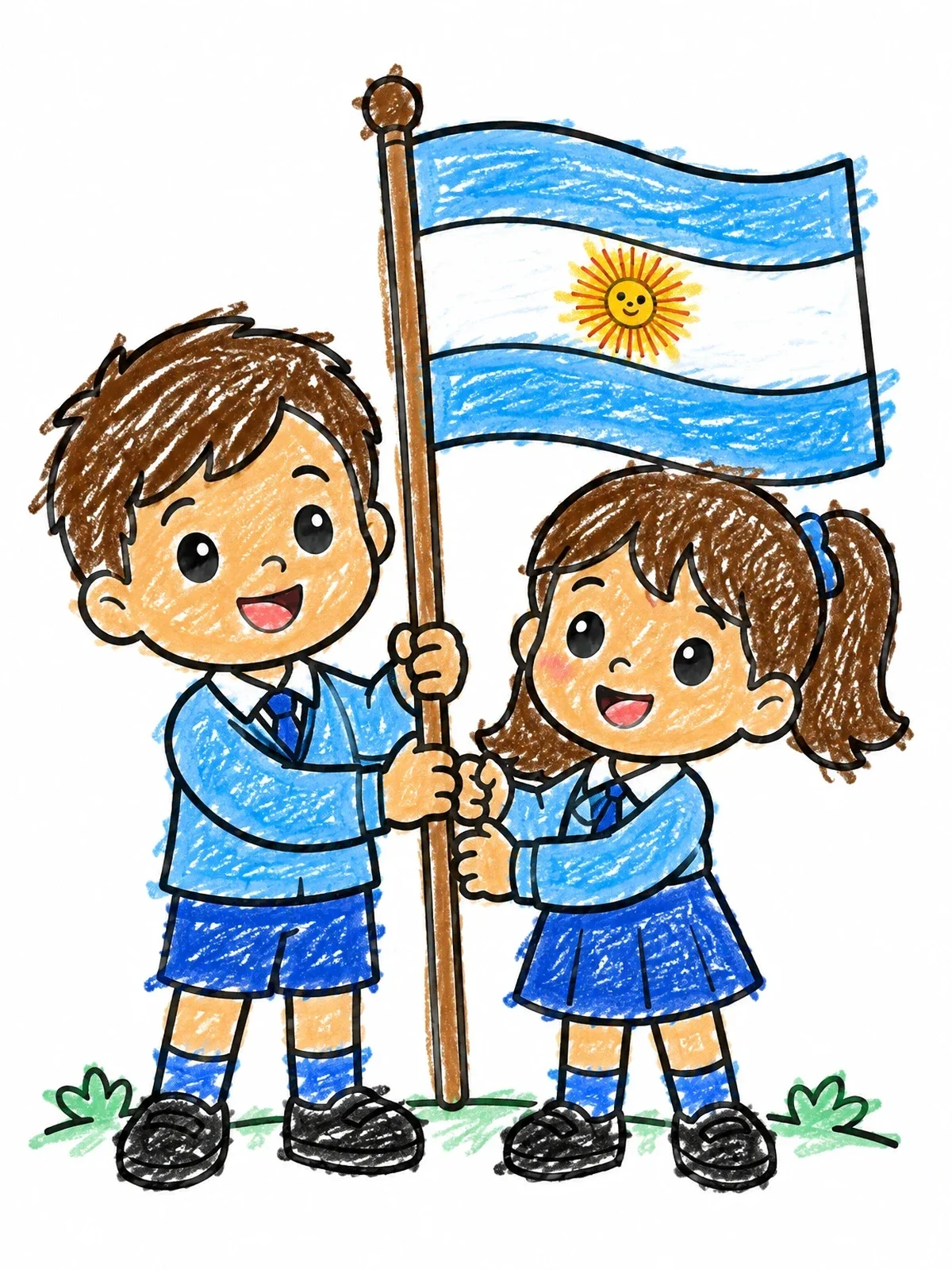 Colored example of the Children Holding Argentine Flag coloring page