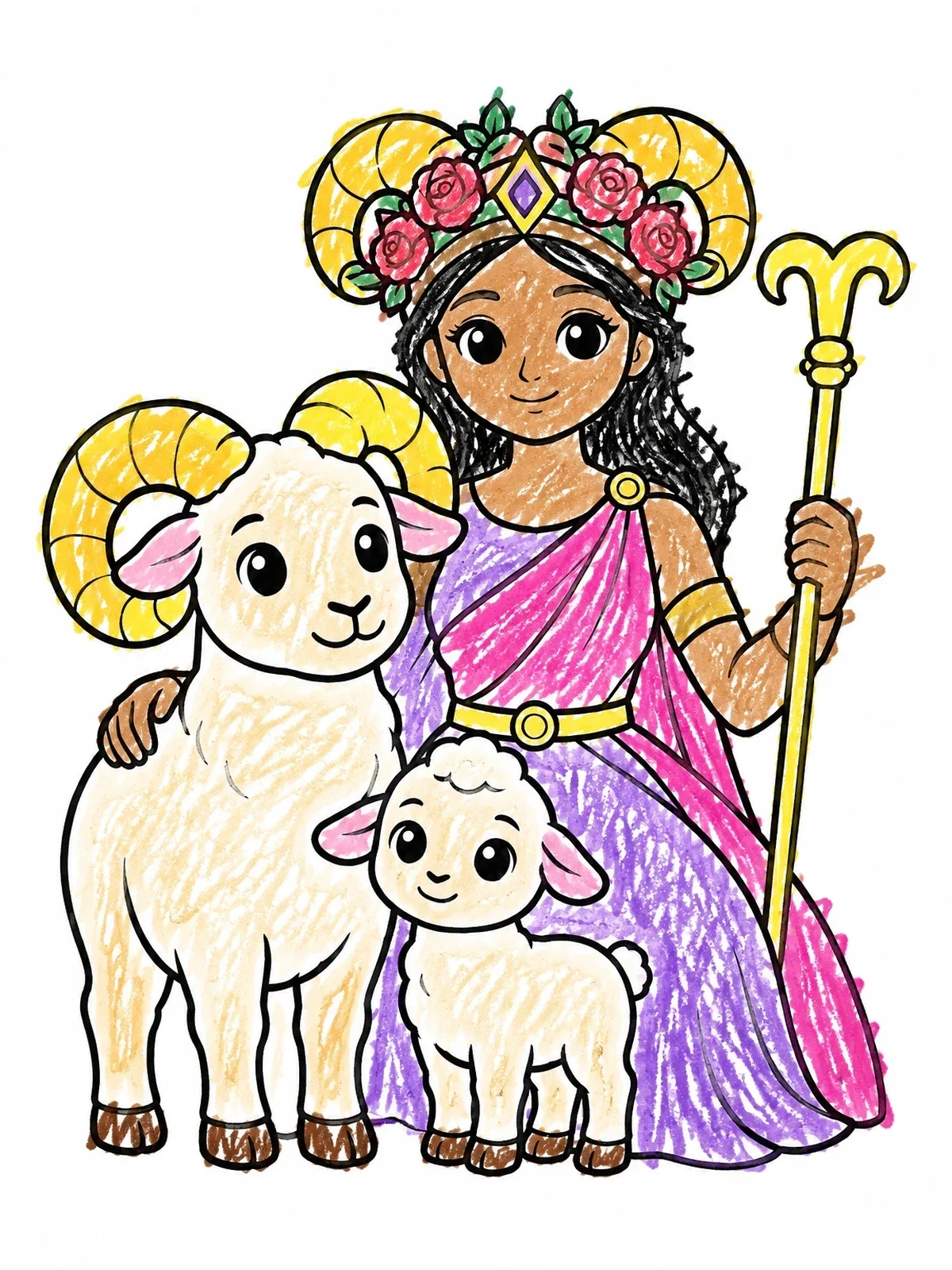 Colored example of the Aries Goddess With Ram And Lamb coloring page