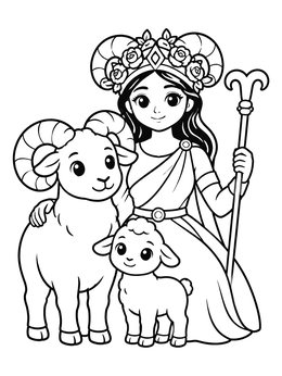 Free printable Aries Goddess With Ram And Lamb coloring page