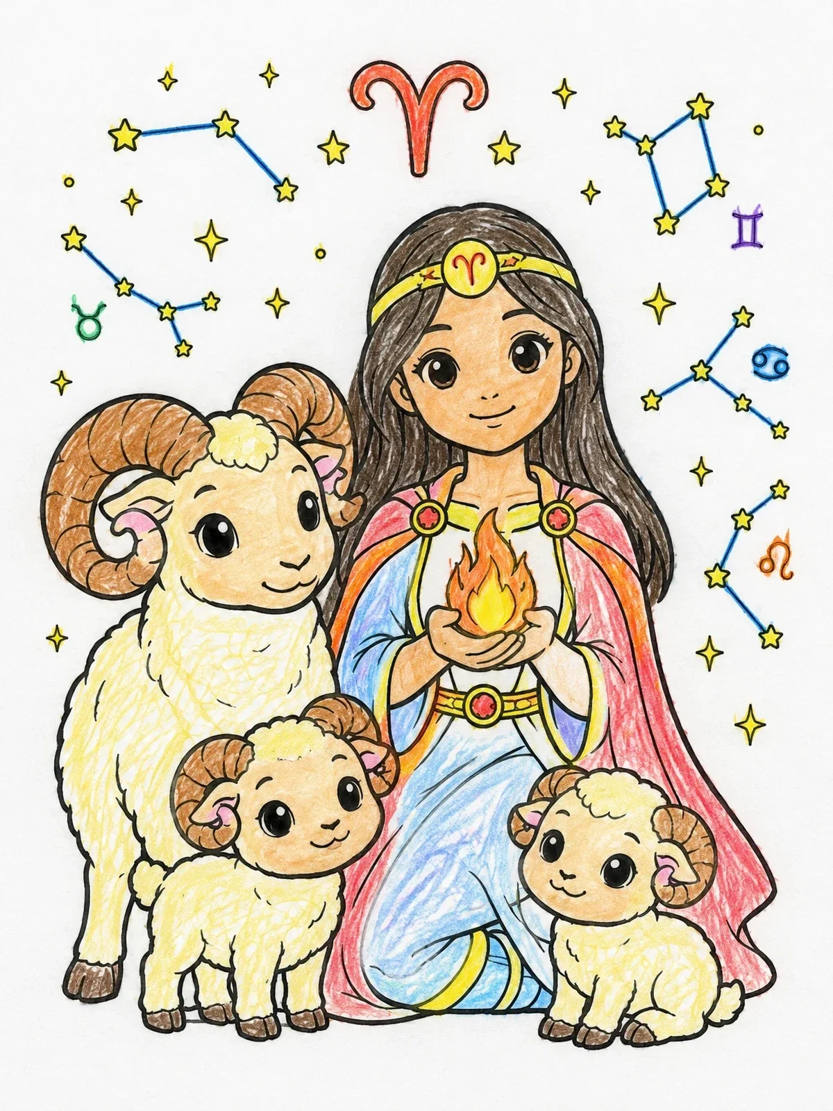 Colored example of the Aries Maiden With Rams And Stars coloring page