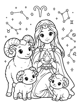 Free printable Aries Maiden With Rams And Stars coloring page