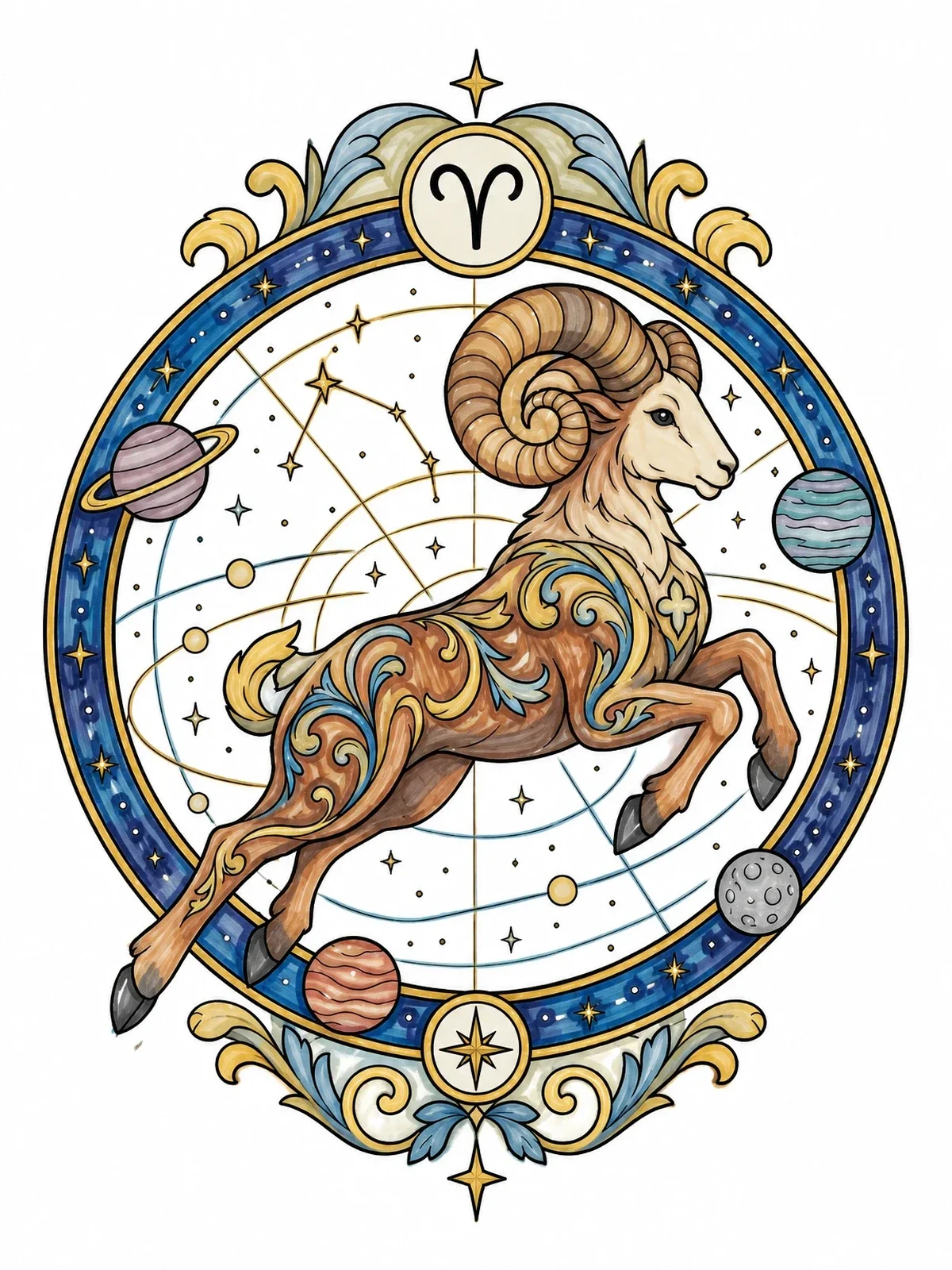 Colored example of the Aries Ram Leaping Across The Cosmos coloring page