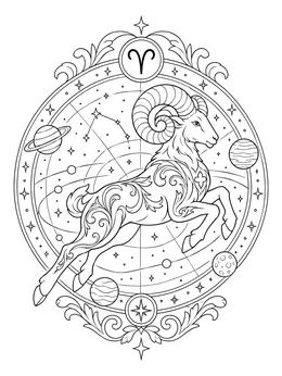 Celestial aries coloring page featuring a leaping ram surrounded by planets and astrological symbols.