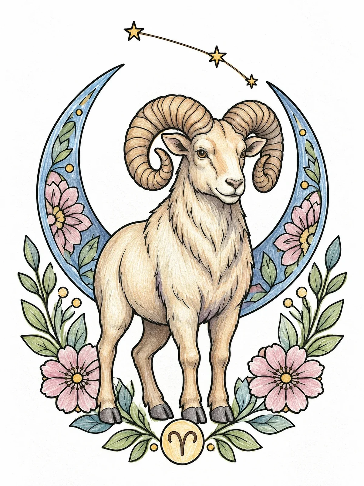 Colored example of the Aries Ram With Floral Crescent Moon coloring page