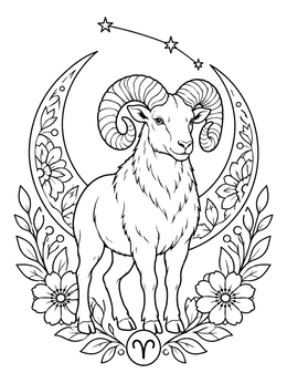 Majestic aries coloring page featuring a horned ram standing before a floral crescent moon and constellation.