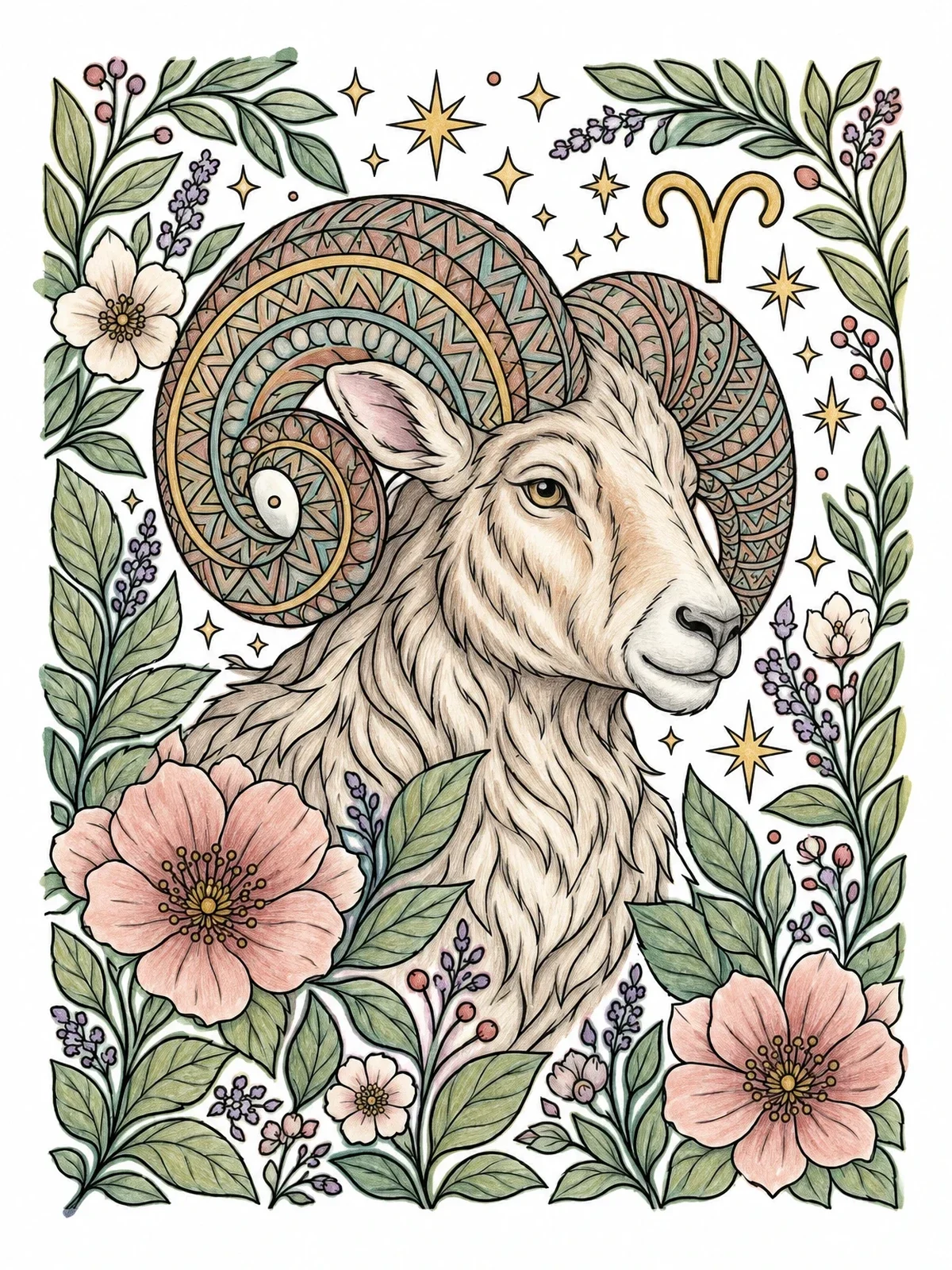 Colored example of the Aries Ram With Floral Frame coloring page