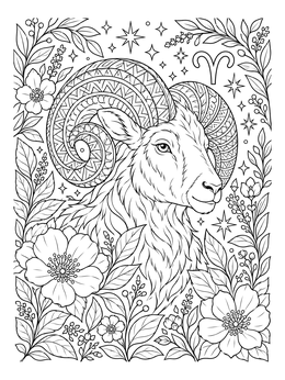 An intricate aries coloring page featuring a patterned ram surrounded by flowers and stars.