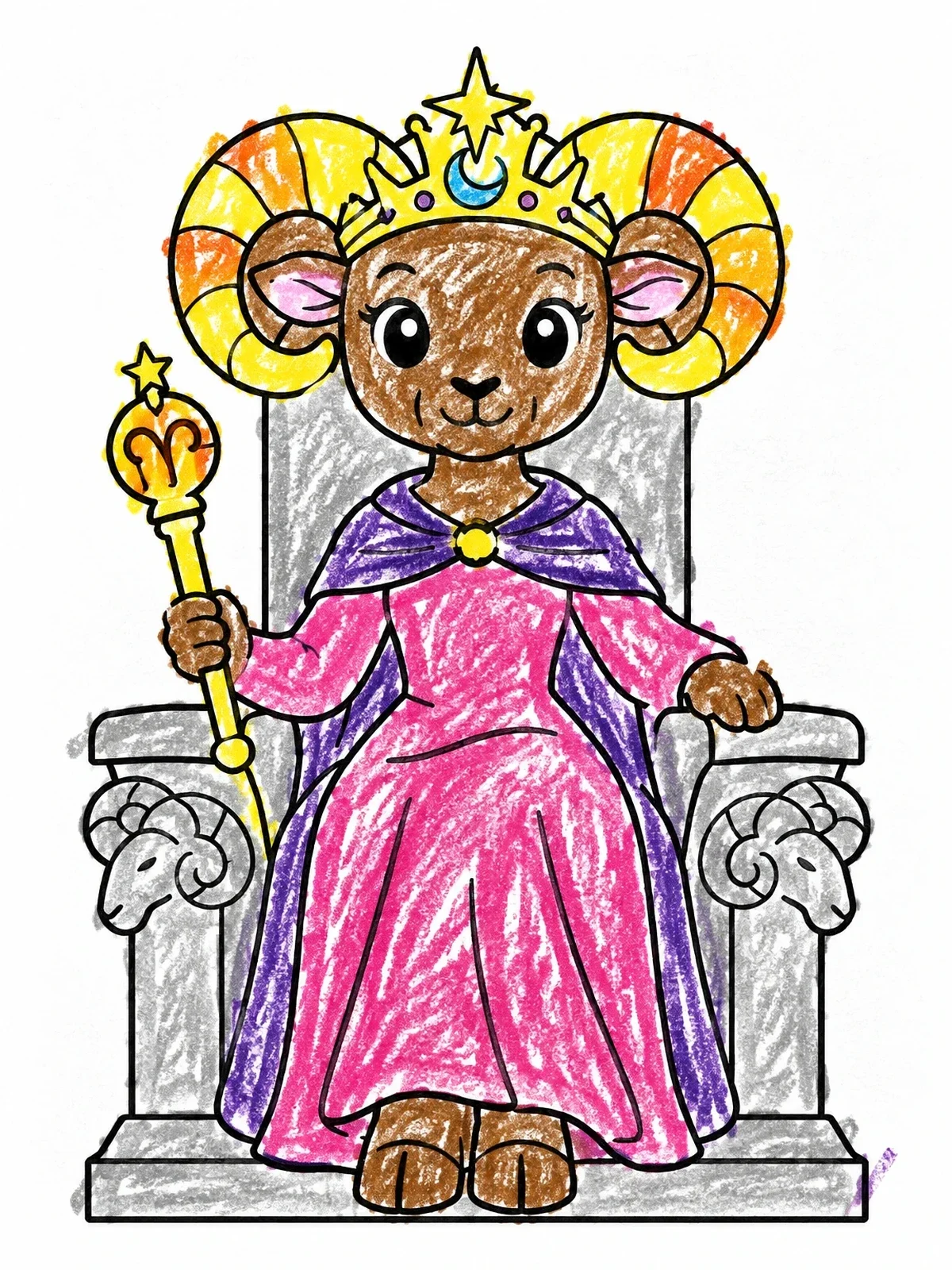Colored example of the Aries Ram Queen On Throne coloring page