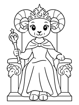 An adorable aries coloring page featuring a royal sheep queen holding a scepter while seated on a throne.