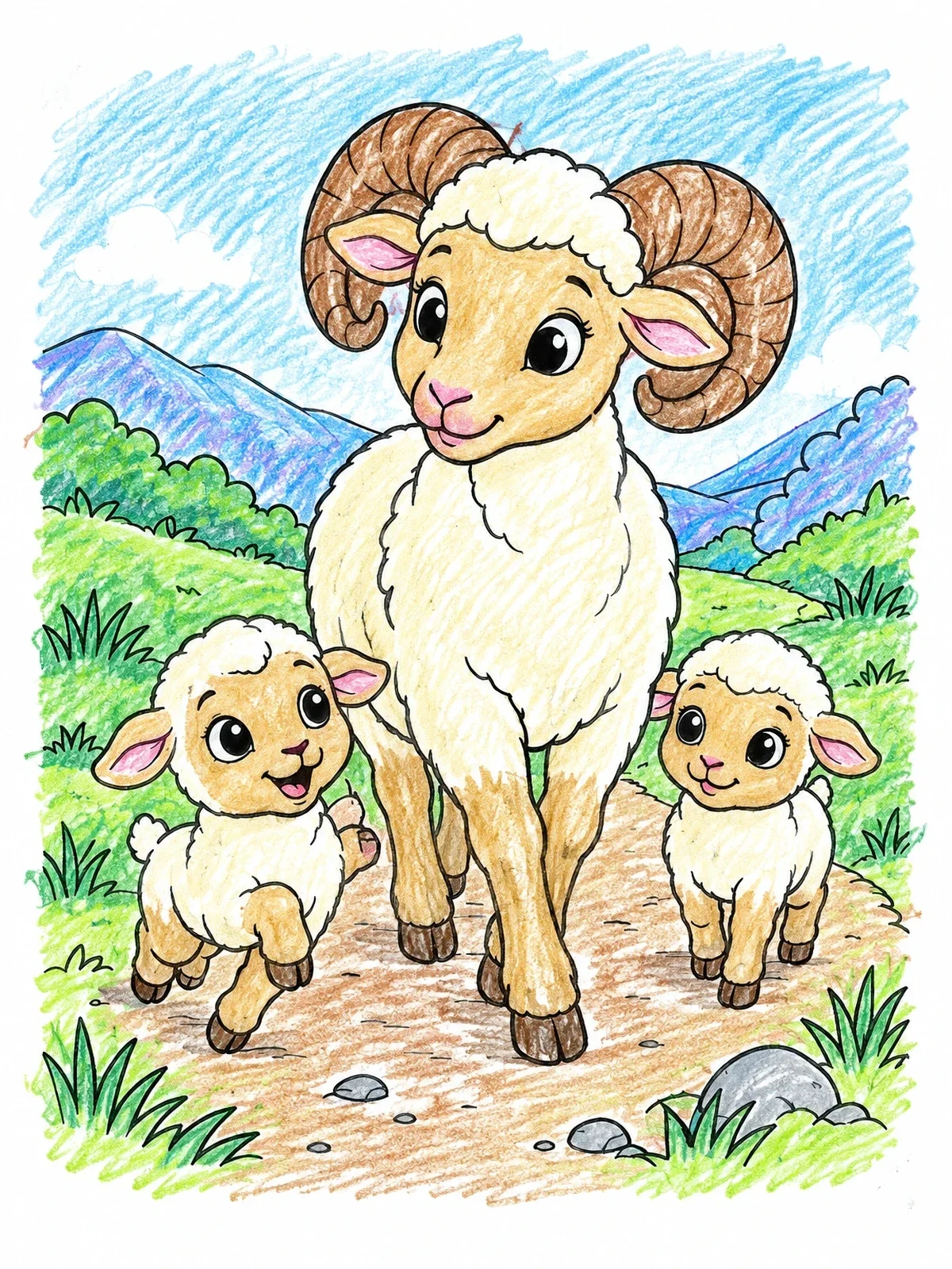 Colored example of the Aries Ram With Playful Lambs coloring page