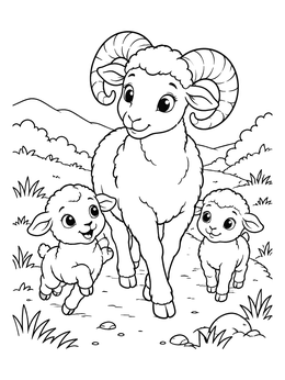 Free printable Aries Ram With Playful Lambs coloring page