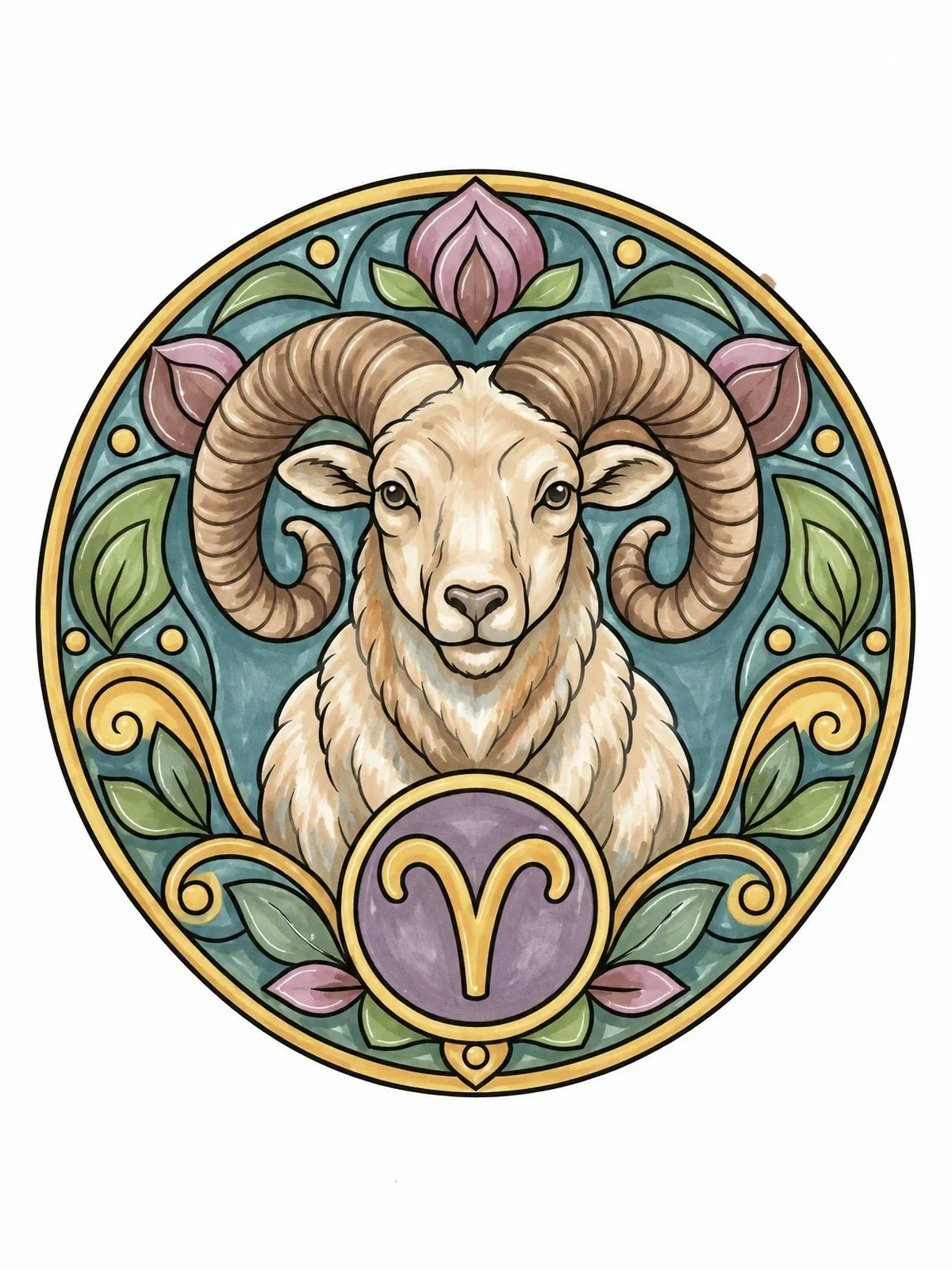 Colored example of the Aries Ram Zodiac Mandala coloring page