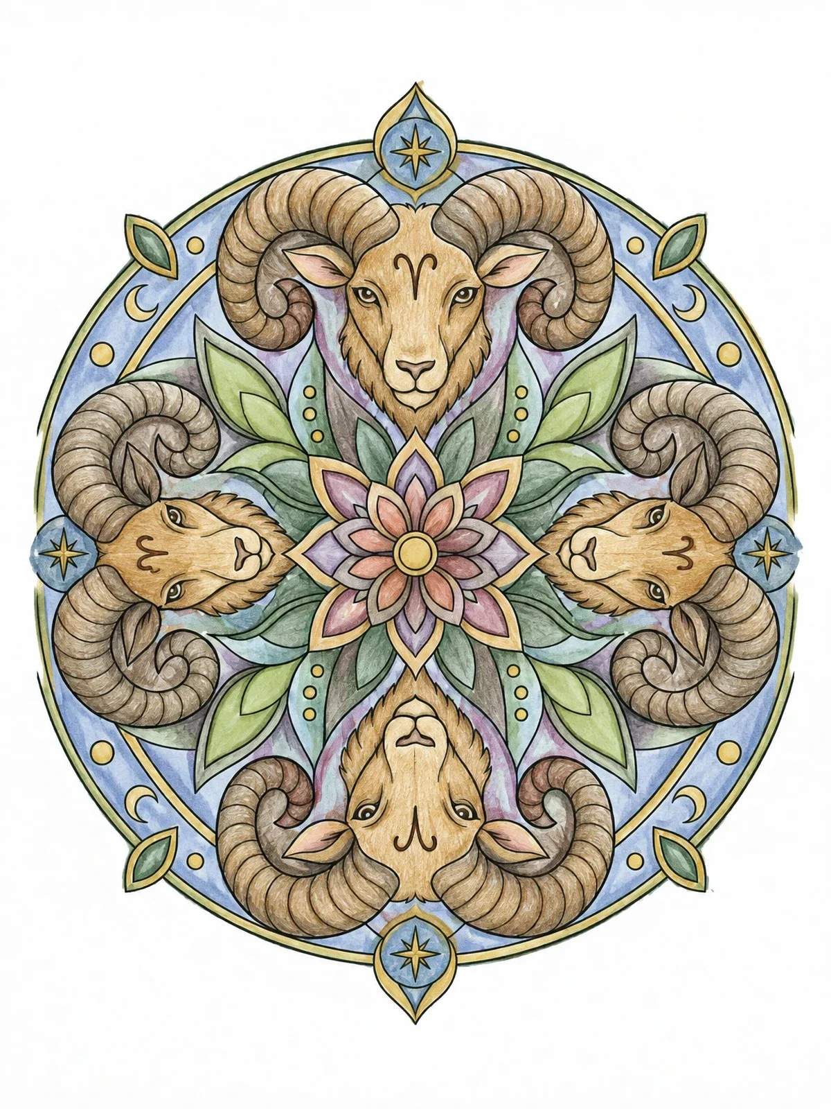 Colored example of the Aries Ram Zodiac Mandala coloring page