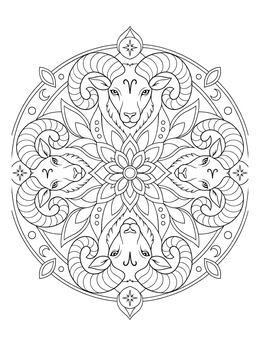 A four-fold aries coloring page mandala with rams and floral patterns.
