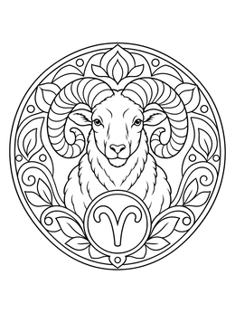 An ornate aries coloring page featuring a horned ram inside a circular floral mandala with its zodiac symbol.