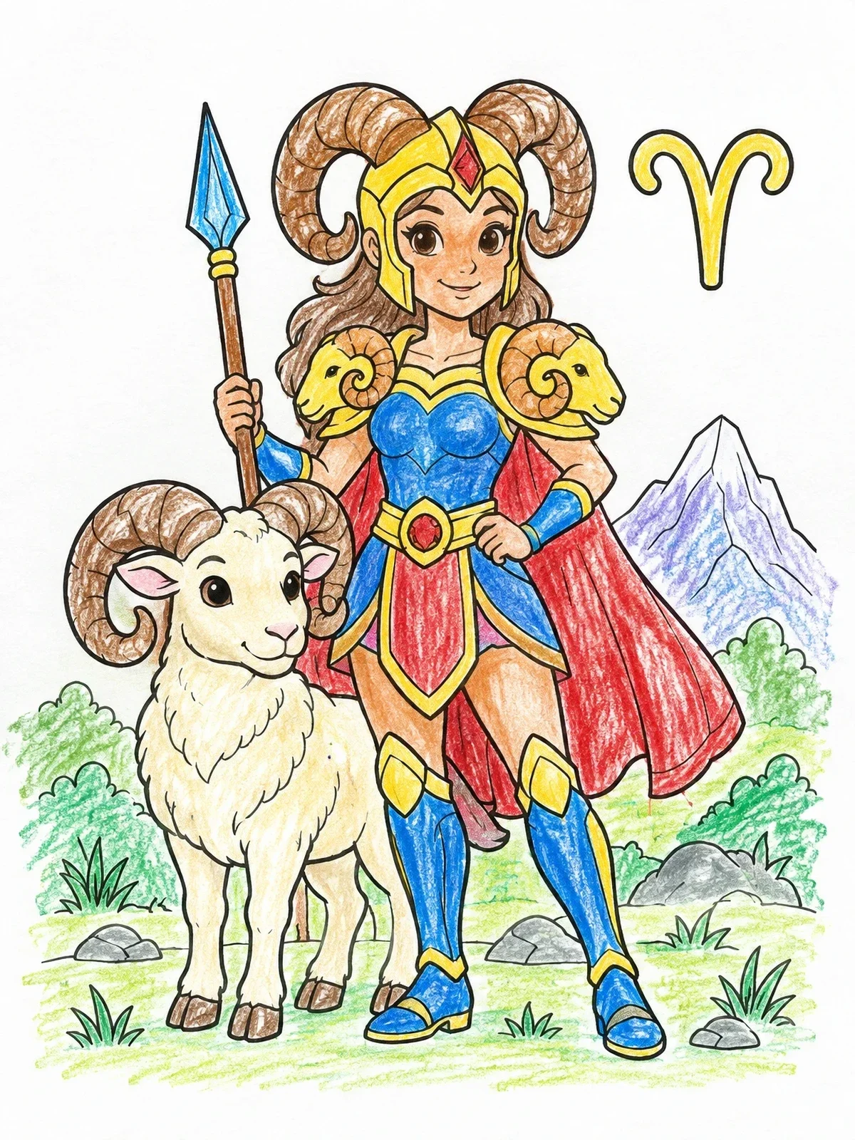 Colored example of the Aries Warrior With Ram Companion coloring page