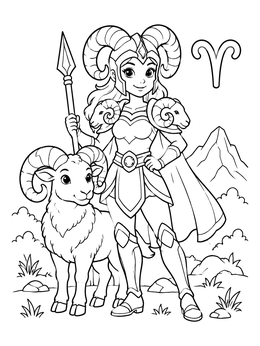 Free printable Aries Warrior With Ram Companion coloring page
