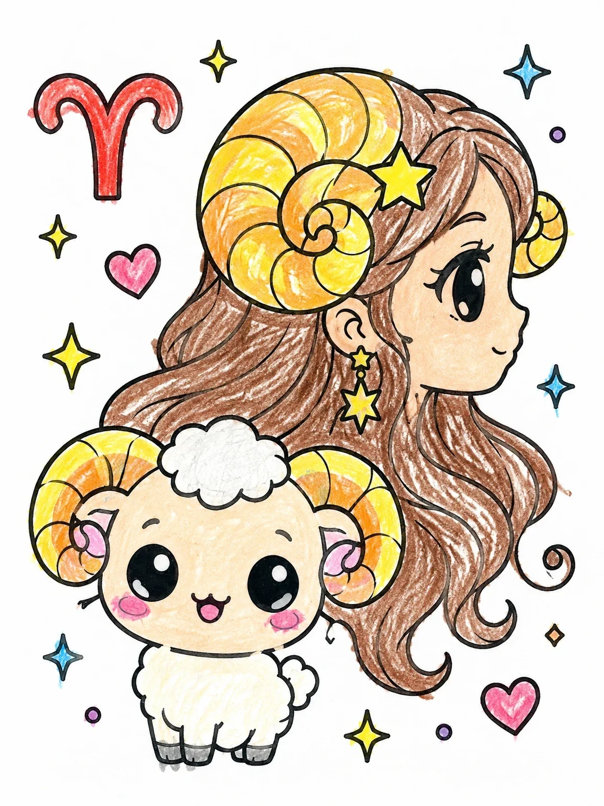 Colored example of the Aries Zodiac Girl And Baby Ram coloring page