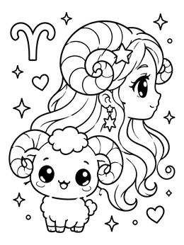 Free printable Aries Zodiac Girl And Baby Ram coloring page
