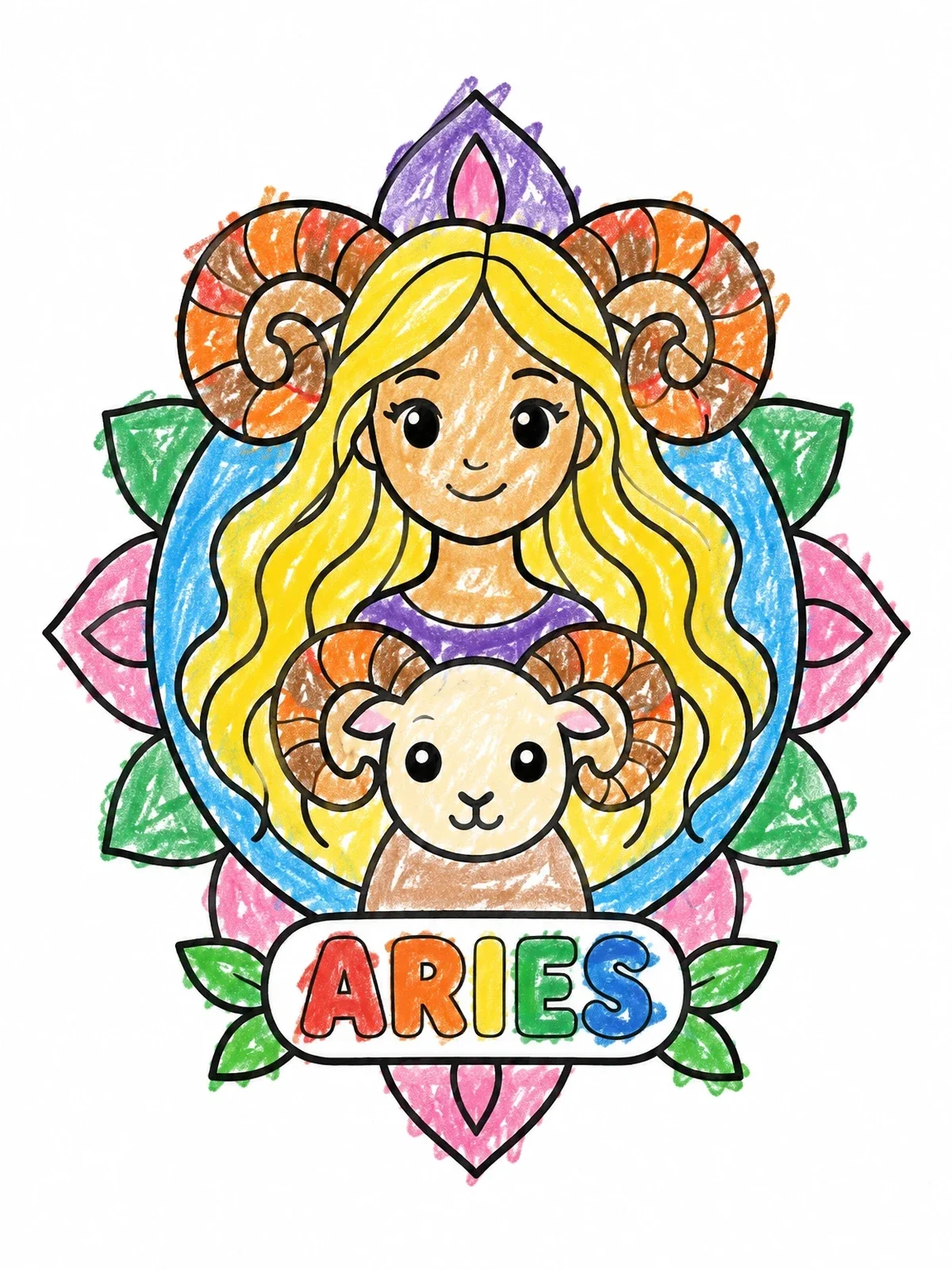 Colored example of the Aries Zodiac Girl With Ram coloring page