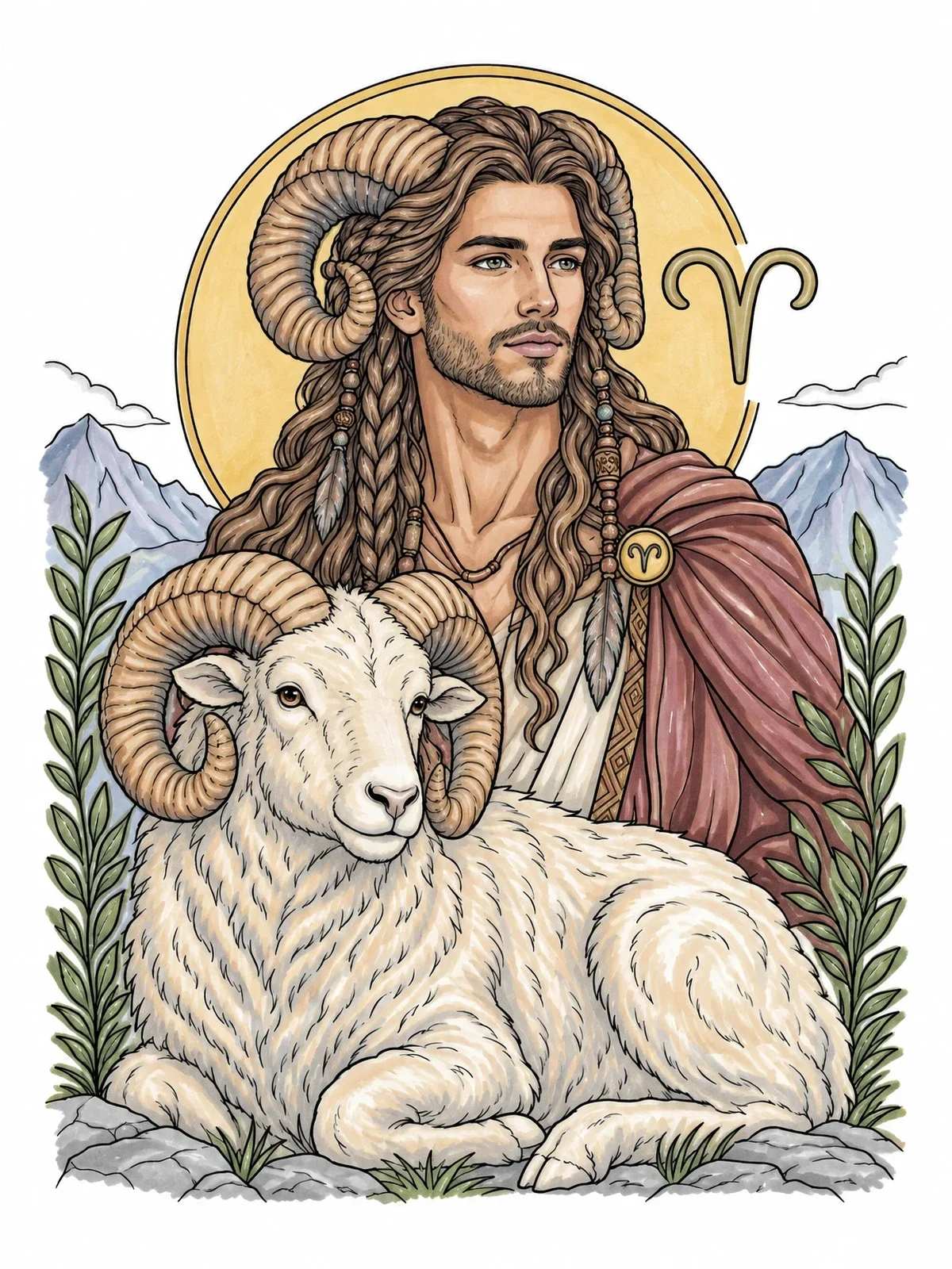 Colored example of the Aries Zodiac Muse With Resting Ram coloring page