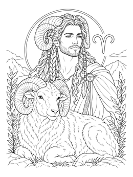 An aries coloring page featuring a celestial man with curved horns alongside a resting woolly ram.