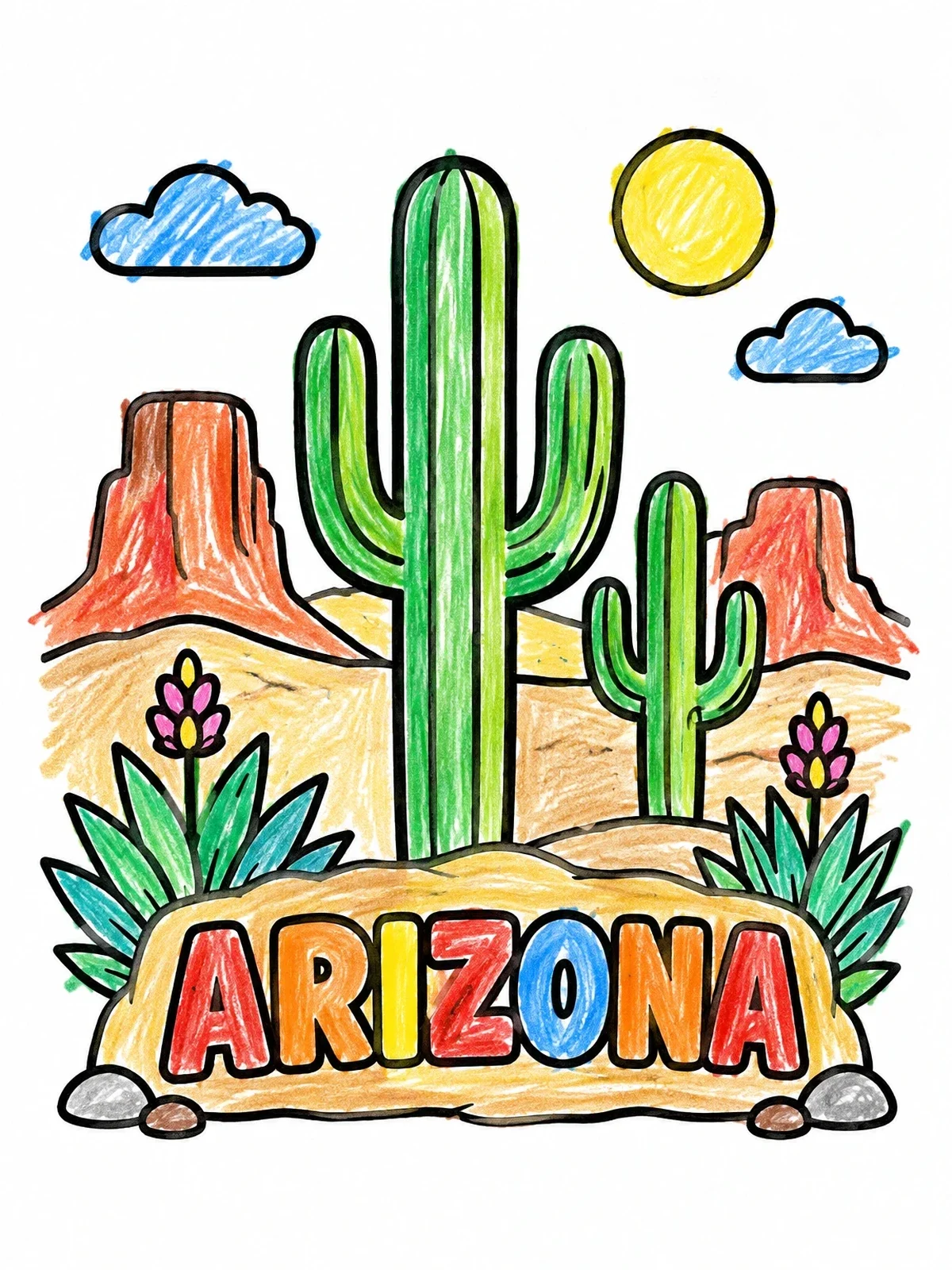 Colored example of the Arizona Desert With Saguaro Cacti coloring page