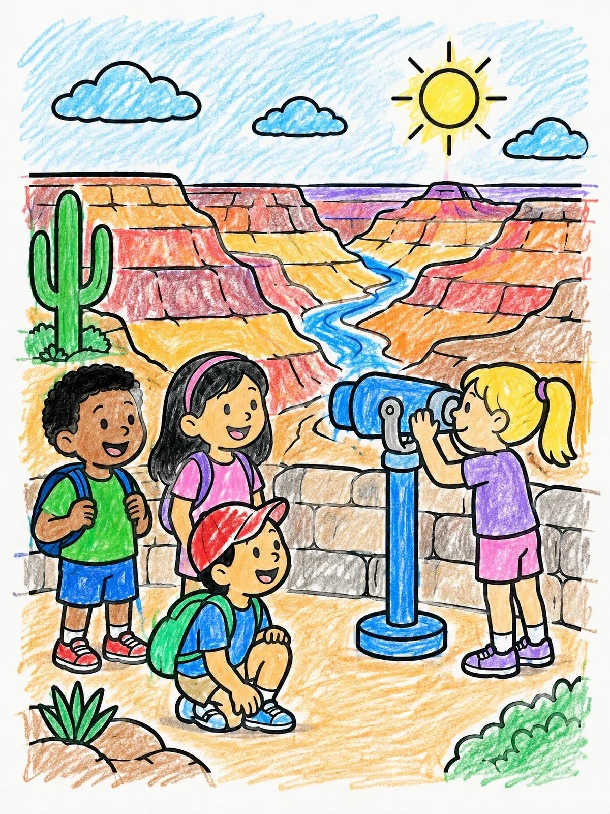 Colored example of the Kids Exploring The Grand Canyon coloring page