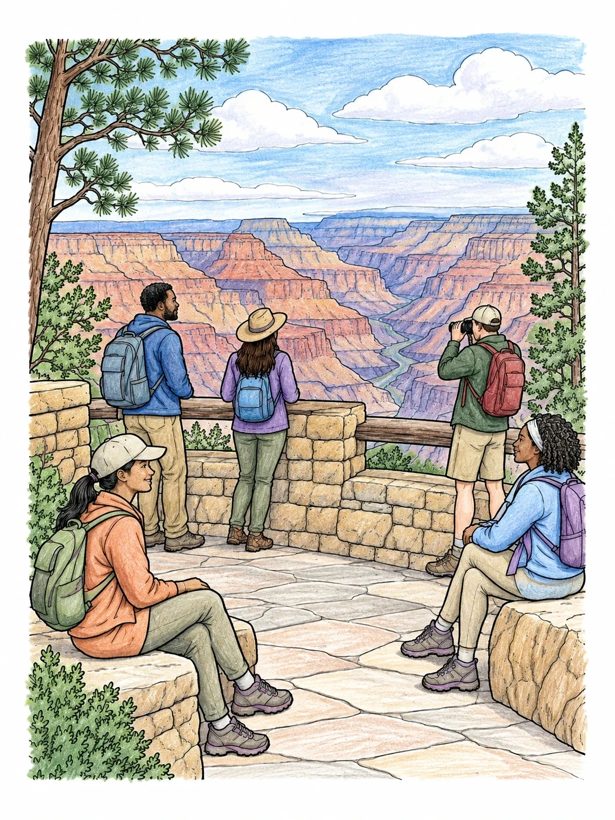 Colored example of the Hikers At Grand Canyon South Rim coloring page
