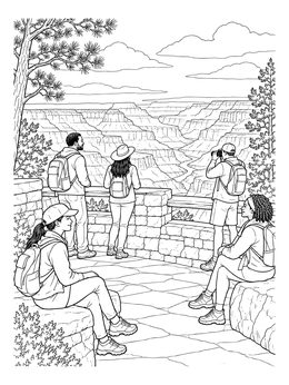 A group of hikers overlooks the vast canyon in this Arizona coloring page.