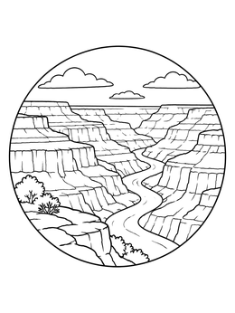 A circular arizona coloring page displaying the Grand Canyon cliffs and winding river.