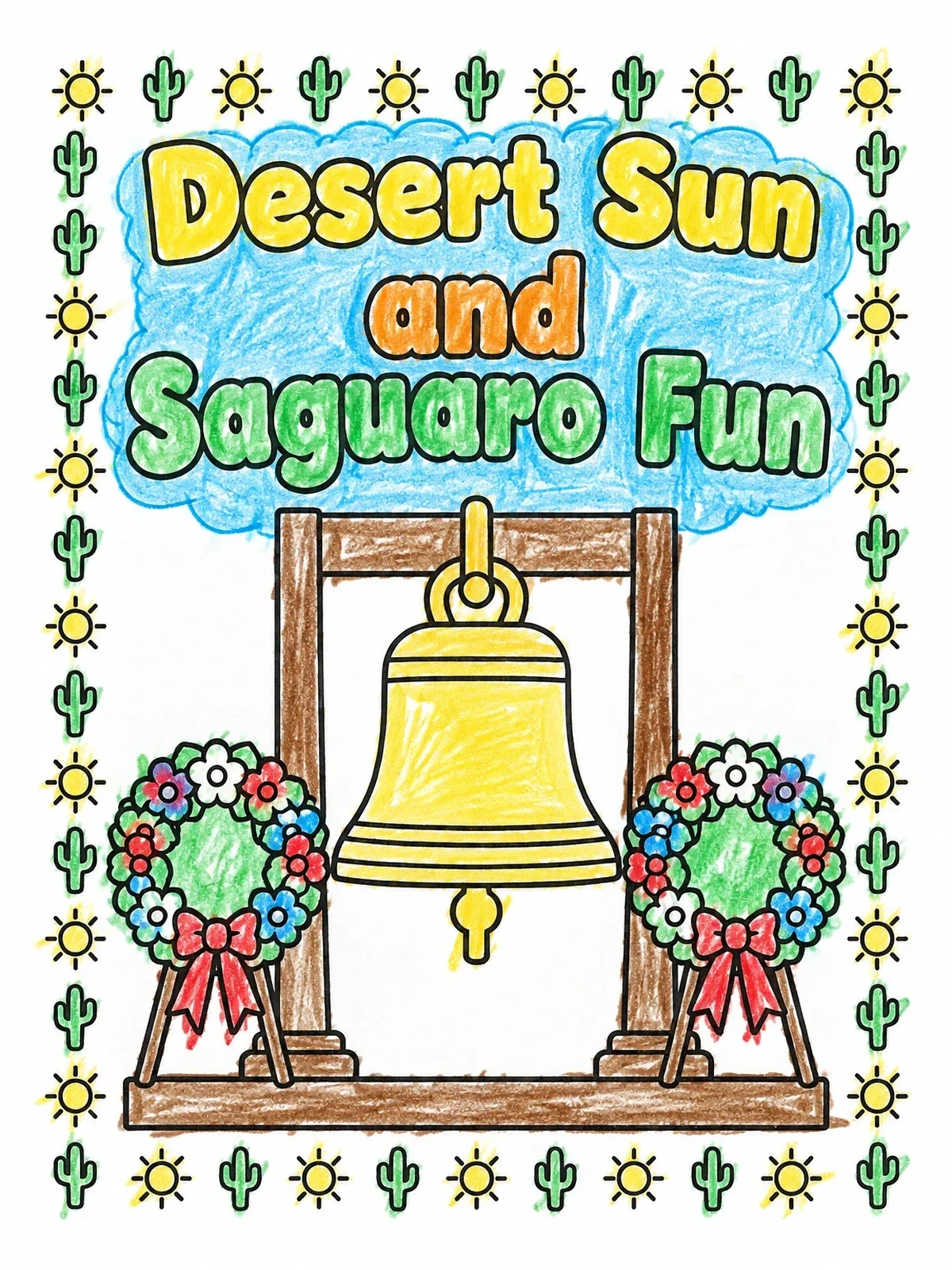 Colored example of the Historic Memorial Bell And Floral Wreaths coloring page