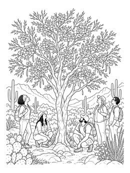 A group of hikers admiring a flowering desert tree in this detailed arizona coloring page.