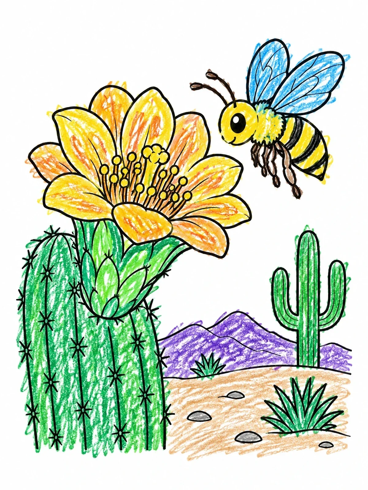 Colored example of the Saguaro Blossom And Friendly Desert Bee coloring page