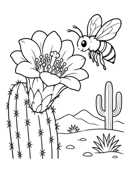 Free printable Saguaro Blossom And Friendly Desert Bee coloring page