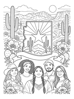 A detailed arizona coloring page featuring a desert state emblem and diverse residents.