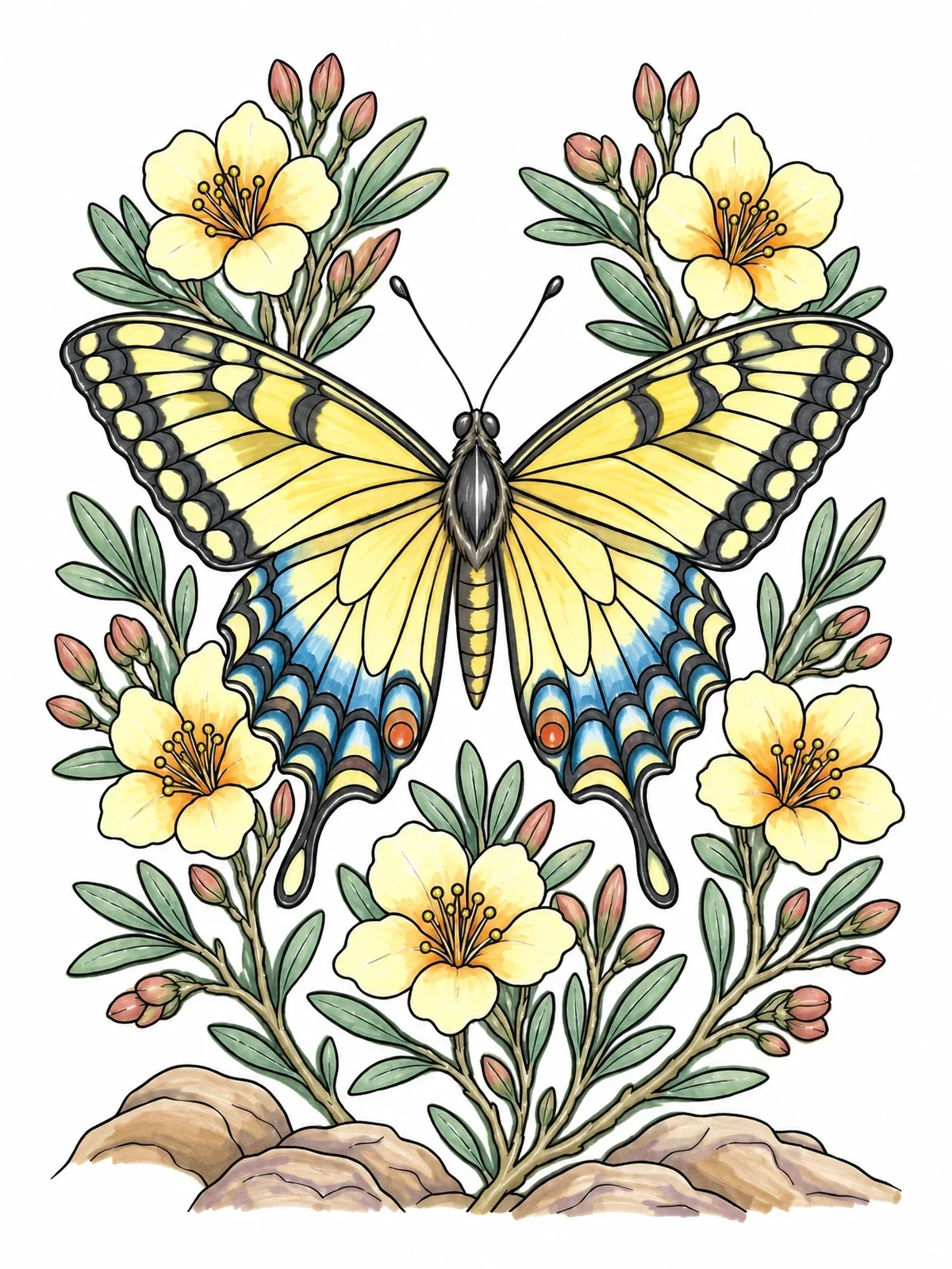 Colored example of the Swallowtail Butterfly With Desert Blossoms coloring page