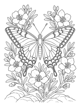 A detailed arizona coloring page featuring a swallowtail butterfly surrounded by desert blossoms.