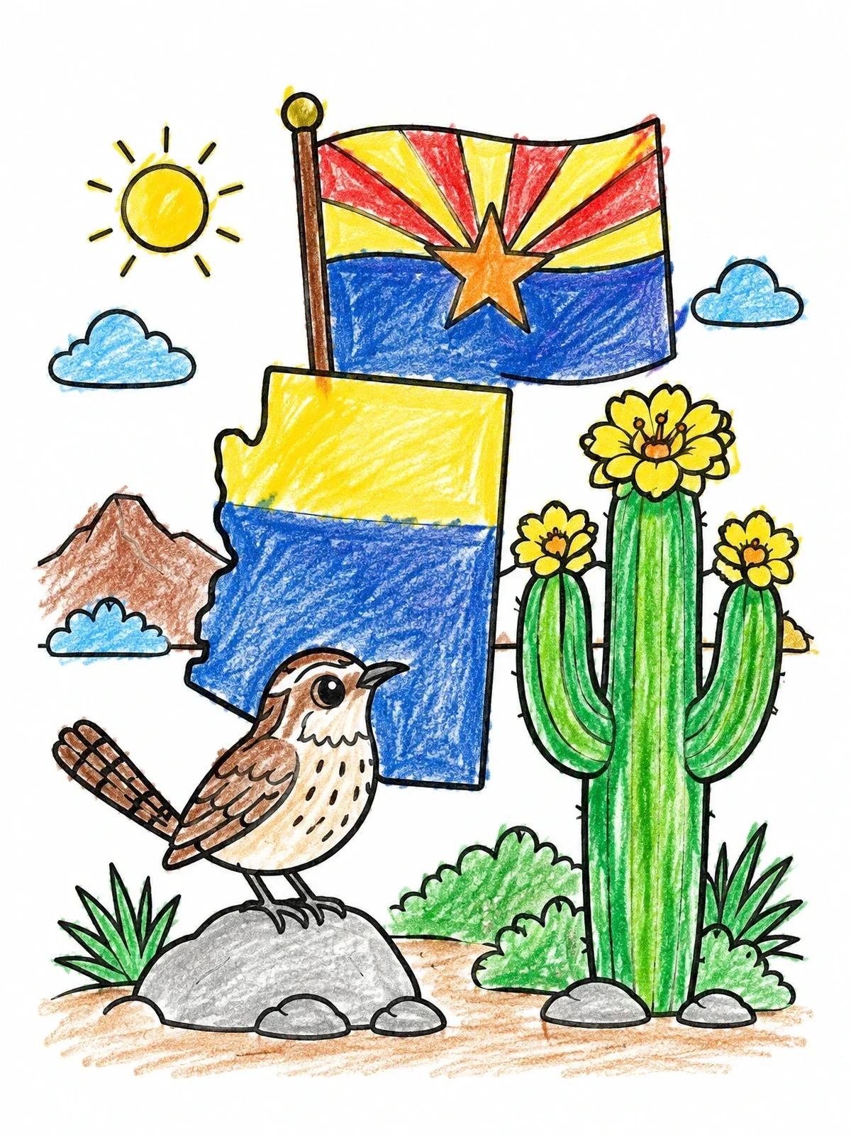 Colored example of the Arizona Symbols With Cactus Wren coloring page