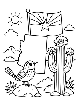 Free printable Arizona Symbols With Cactus Wren coloring page