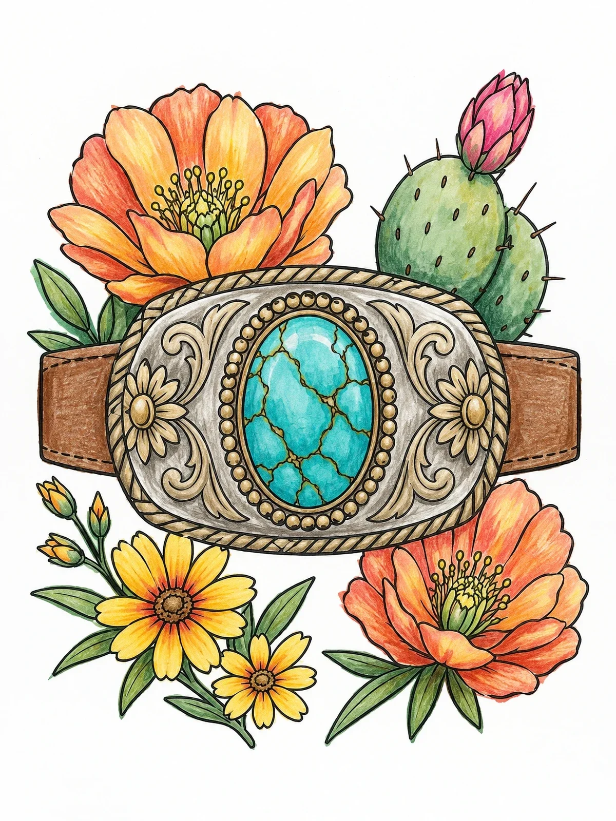 Colored example of the Turquoise Belt Buckle With Desert Blossoms coloring page