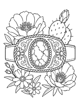 An engraved belt buckle and blooming cacti feature in this arizona coloring page.